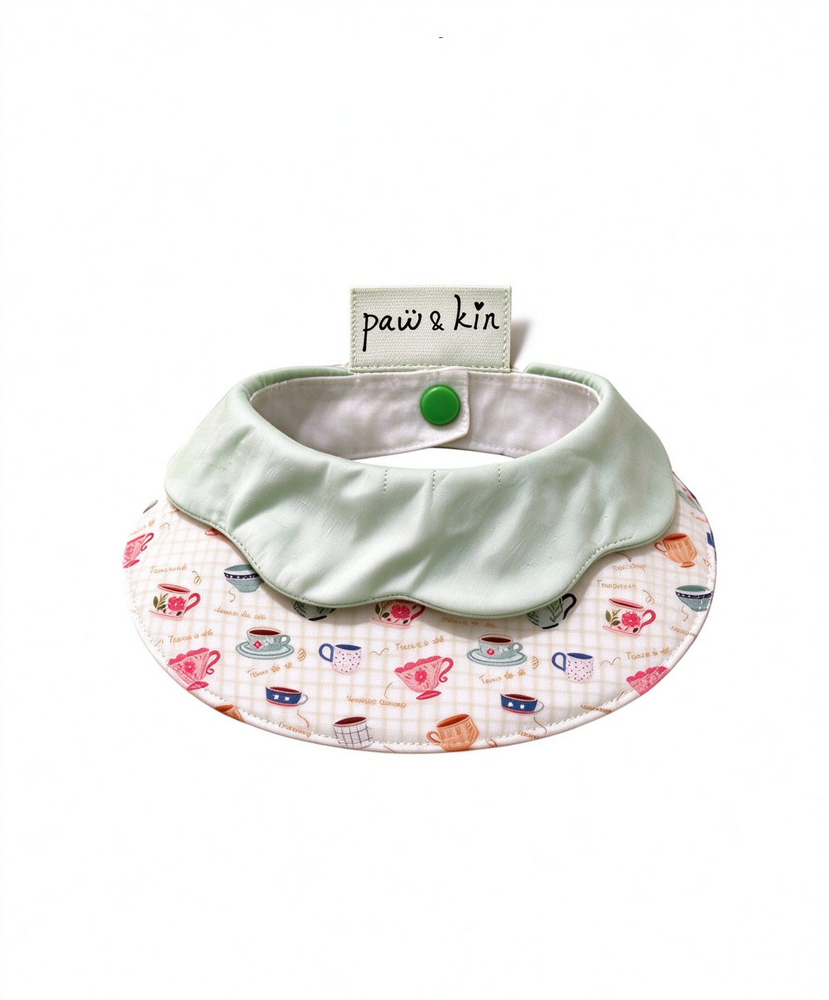 Personalized Dog Bandana | Vintage Teacup Print with Mint Ruffle Collar | Custom Embroidered Pet Name