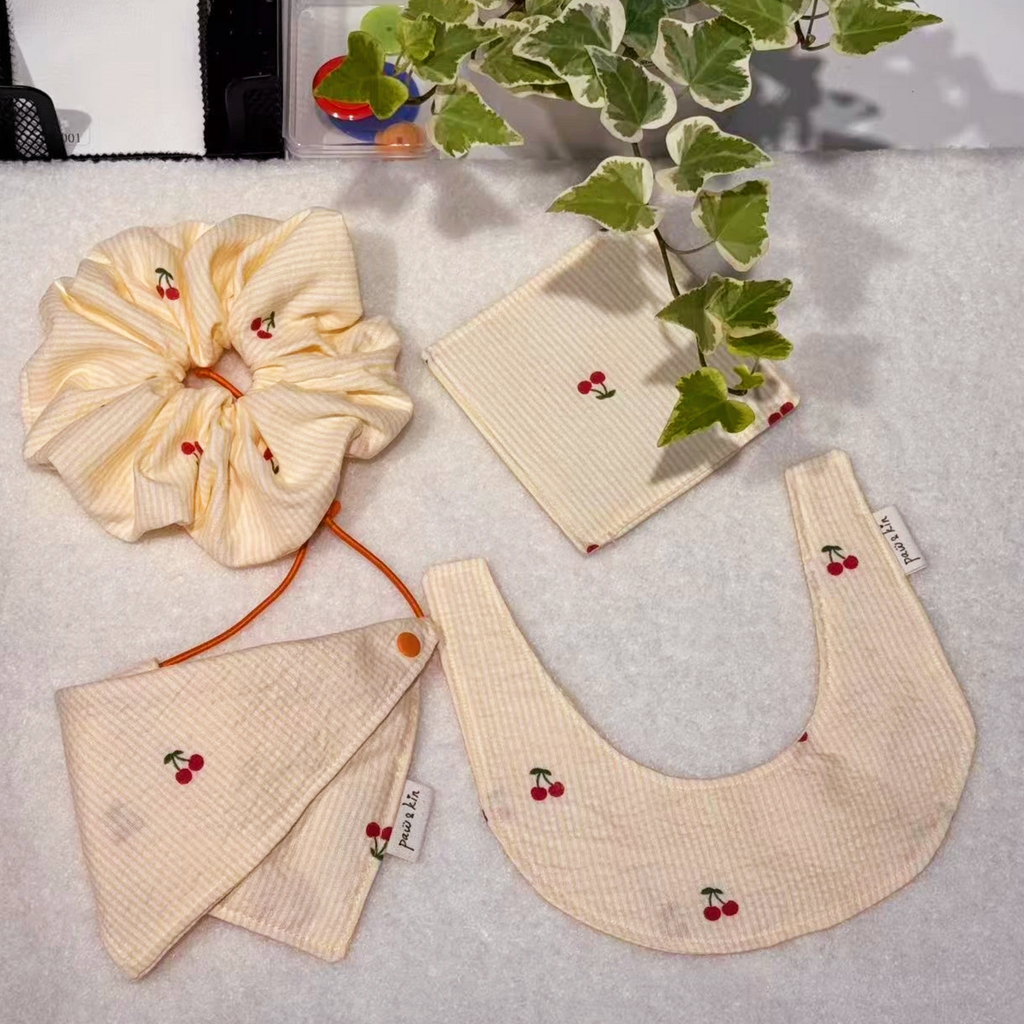 Cherry Dog Bandana Set | 2 Dog Bandanas, Matching Scrunchie & Fabric Coaster