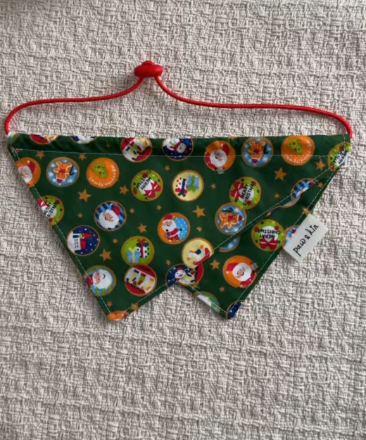 Christmas Dog Bandana | Green Santa, Gingerbread & Reindeer Print | Adjustable Triangle Bandana